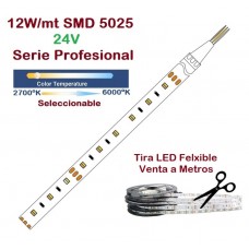 Tira LED Flexible 24V 12W/mt 60 Led/mt SMD 5025 IP20 CCT 2700ºK a 6000ºk Serie Profesional, Venta por metros